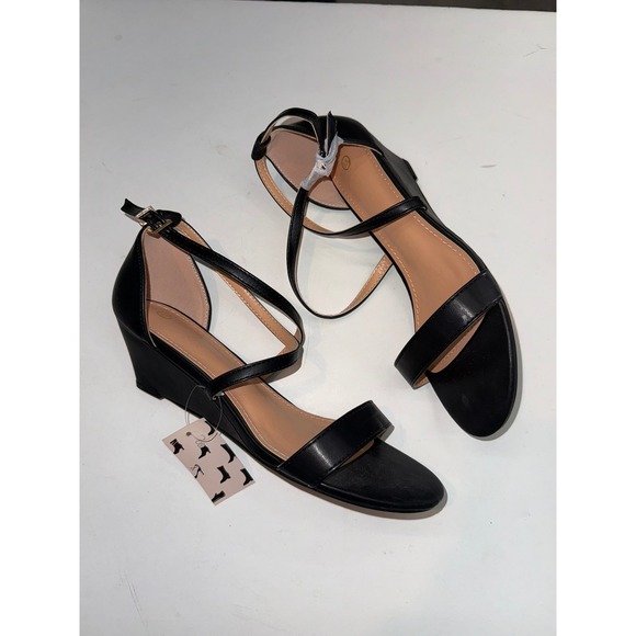 Mysoft Shoes - MYSOFT New Womens 8.5 Black Faux Leather Strappy Mini Wedge Sandals Box#110